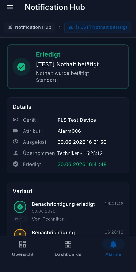 ICOS-App: Alarm mit Zeitpunkt der Auslösung, Übernahme und Erledigung
