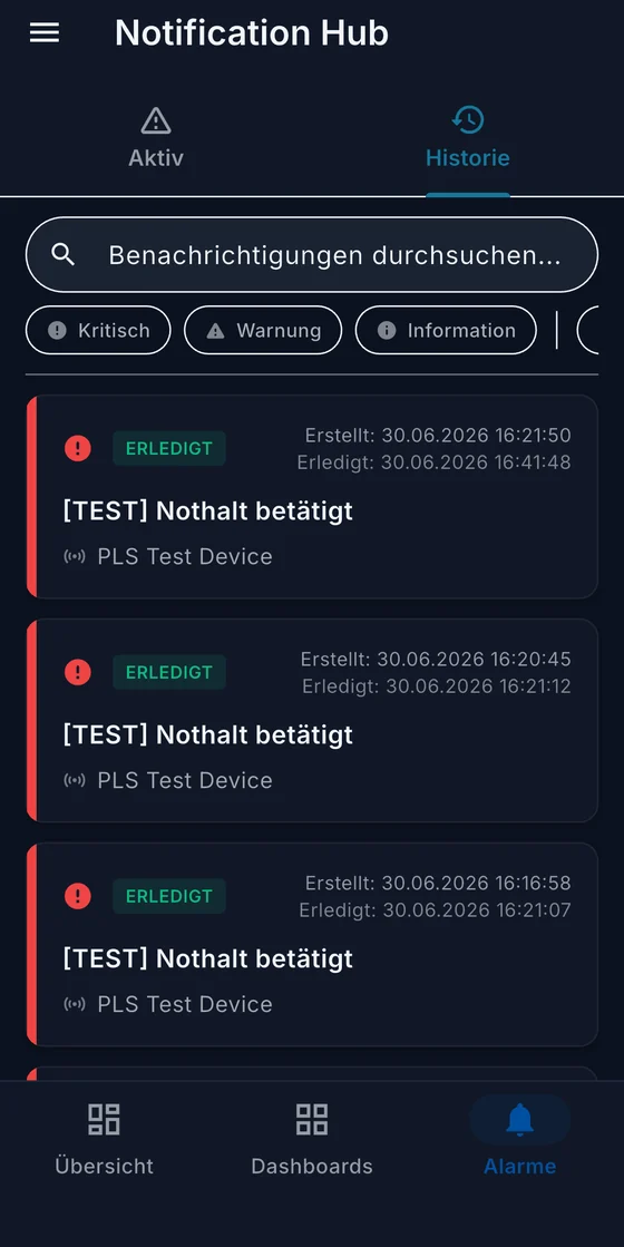 ICOS-App: Alarmliste mit Status und Historie